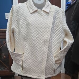 Isaac Mizrahi Off-White Quilted Jacket, Asymmetrical Zipper, Size Pockets, L